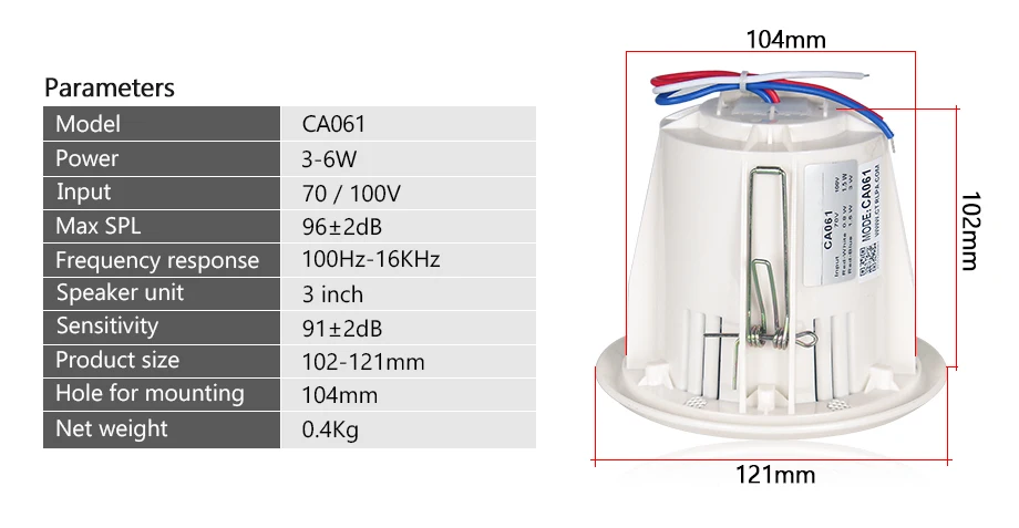 Oupushi CA061 3-6 Вт 3-дюймовый портативный мини потолочный динамик с использованием для системы PA и фоновой музыкальной системы