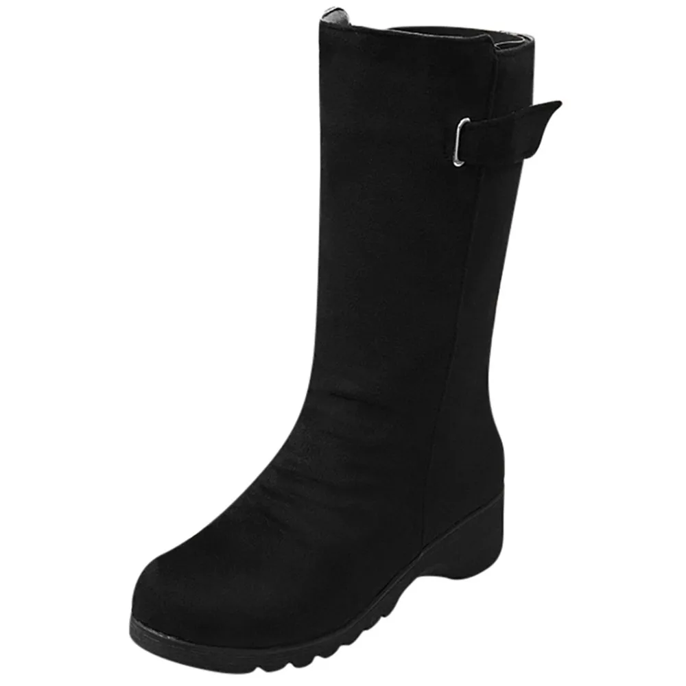 

Women Retro Solid Black Blue Brown Warm Flock Flat With Mid Calf Length Snow Boots Round Toe Shoes Wellingtons Ladies Long Boot