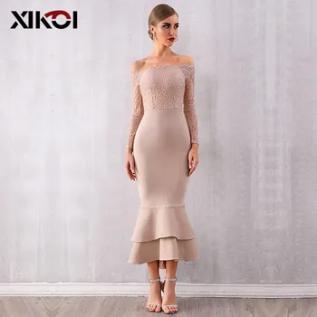 

XIKOI New Summer Celebrity Evening Party Dress Sexy Off Shoulder Clubwear Elegant Slash Neck Ruffles Midi Women Dress Vestido