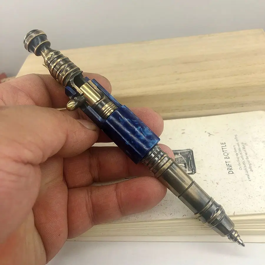 

EDC Outdoor Travel Kit Tools Handmade Brass Ballpoint Pen Blue Resin Creative Retro Bolt Type Tactical Pen