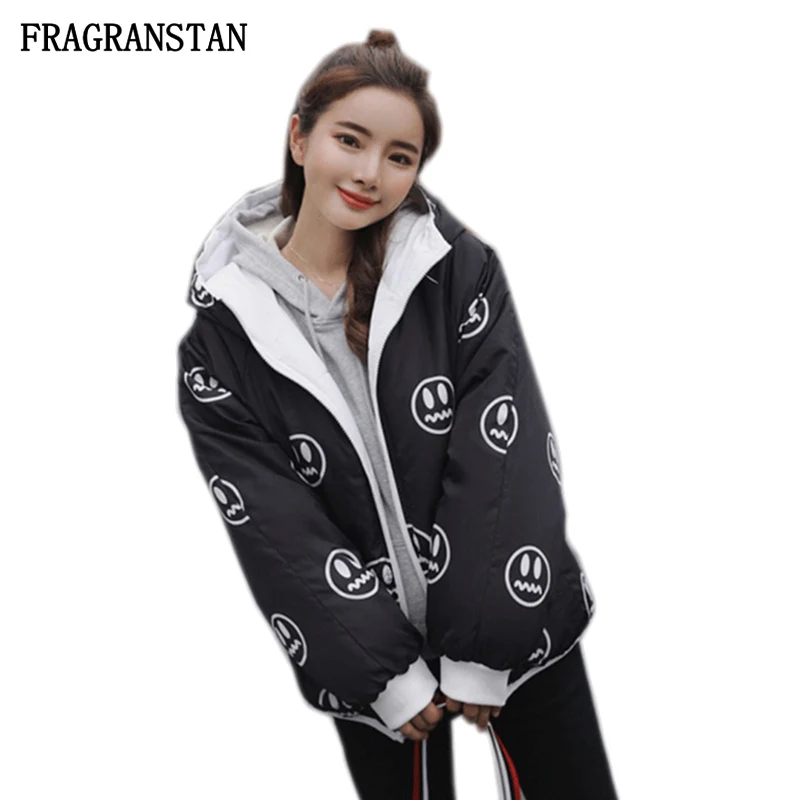 

2018 Women Winter Two Sides Wear Hooded Wadded Cotton Coat Female Fashion Cartoon Print Parkas Casual Loose Ladies Jacket JQ516