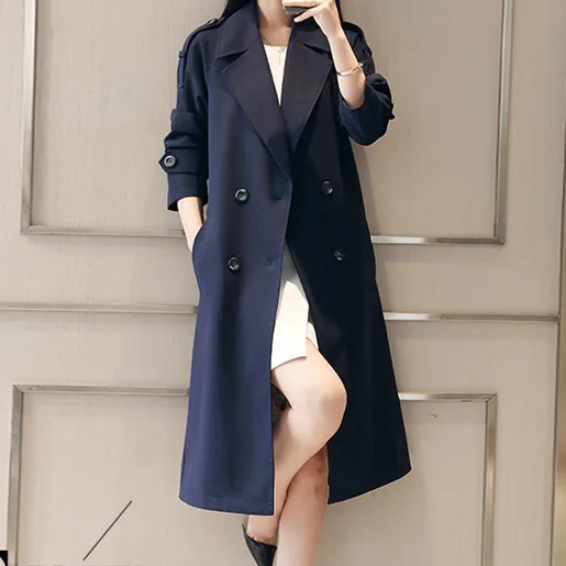 Весна ветровка пальто женское новые свободные женские осенние пиджаки повседневные двубортные плащ с поясом Mujer средней длины тренчи - Цвет: Navy