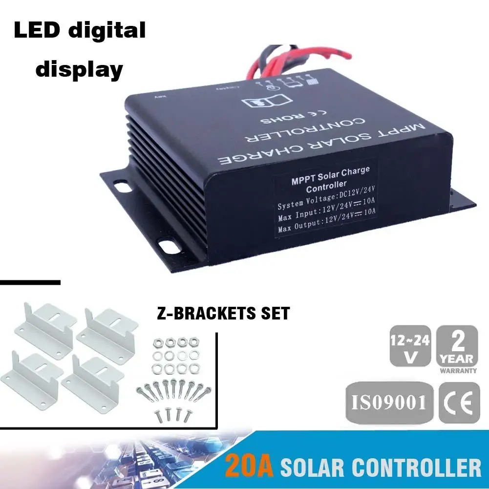 

20A 12V/24V MPPT solar Charge Controller CE Certify Auto Switch LED Digital Display + Z-Brackets Set for solar panel system PJW