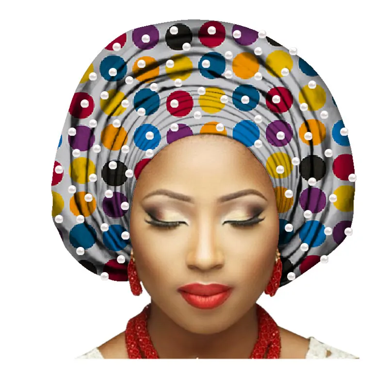 Нигерийский геле хлопок головной убор Африканский бисер тюрбан Африканский головной убор для женщин африканские женские шарфы с бисером AF007