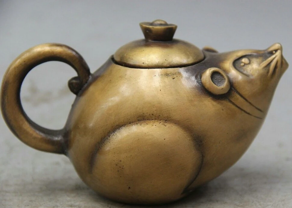 

5" Chinese Dynasty Copper Zodiac Year Mouse Wealth yuanbao Wine Tea Pot Flagon