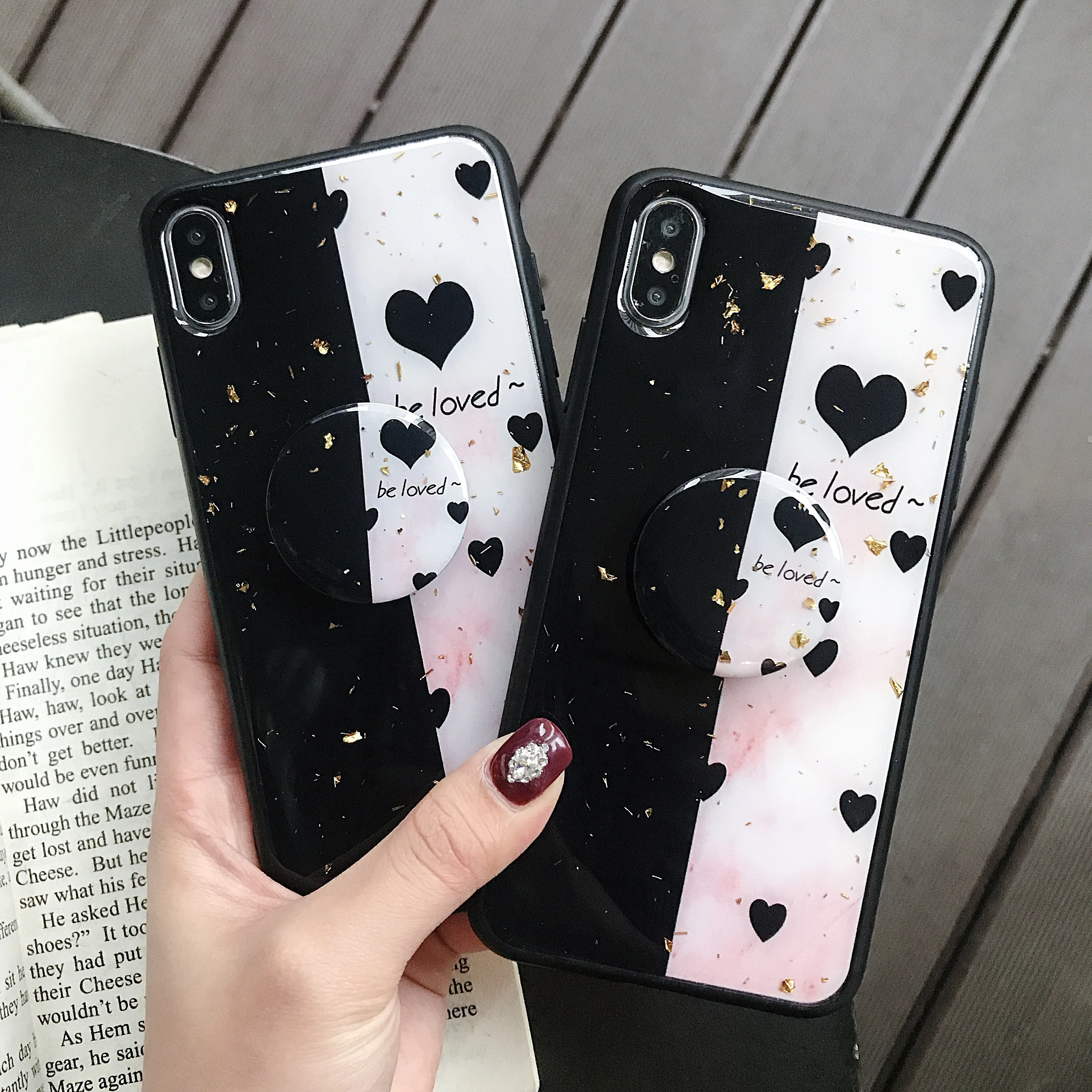 

Zxtrby Luxury Love Heart Glitter Epoxy With Phone Holder Case for iPhone X XS XR XSMax 6 6s 7 8Plus Phone Shell Back Cover Coque