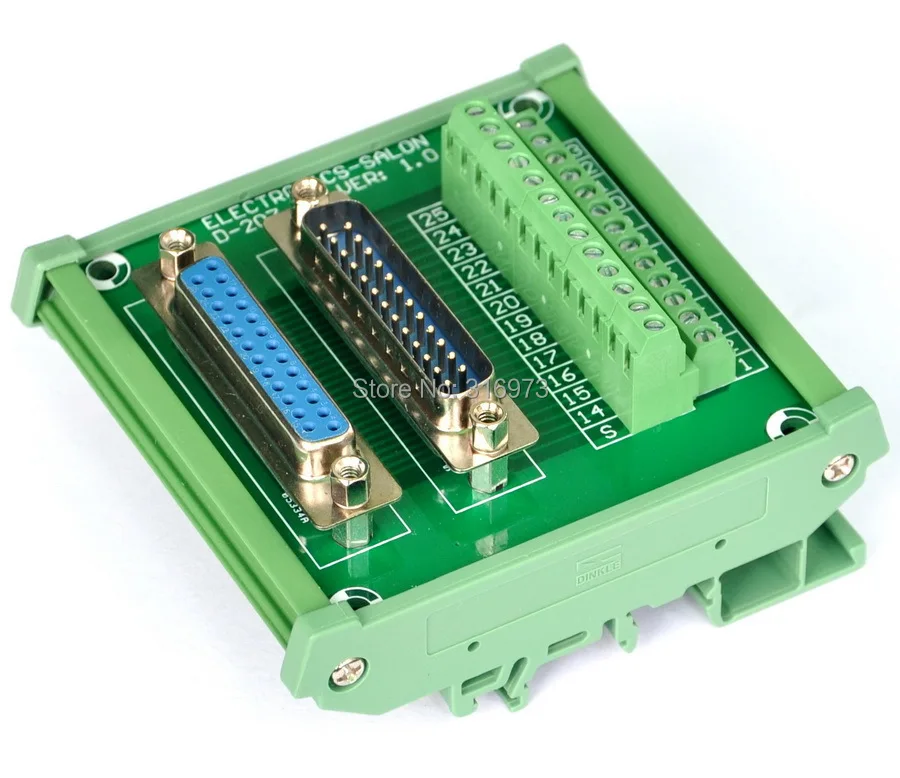 

DB25 D Sub DIN Rail Mount Interface Module, Male / Female, Breakout Board.