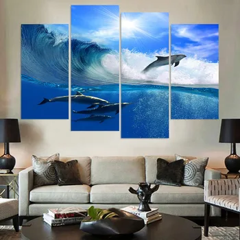 

Wall Art Pictures HD Printed Decoration Posters Frame 4 Piece/Pcs Dolphins Sea Waves Modern Painting On Canvas Home Living Room