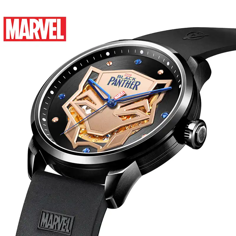 マーベルブラックパンサー自動 5atm 防水革ゴムバンド腕時計男性中空