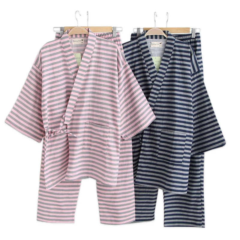 2019 весенние сексуальные Полосатые 100% хлопковые пижамы комплект Женский Простой японский кимоно пара пижамы комплект s халаты для женщин