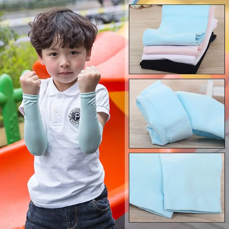 

Children Kids Summer UV Protection Ice Silk Cooling Arm Sleeves Solid Color Outdoor Sunblock Protective Long Fingerless Gloves