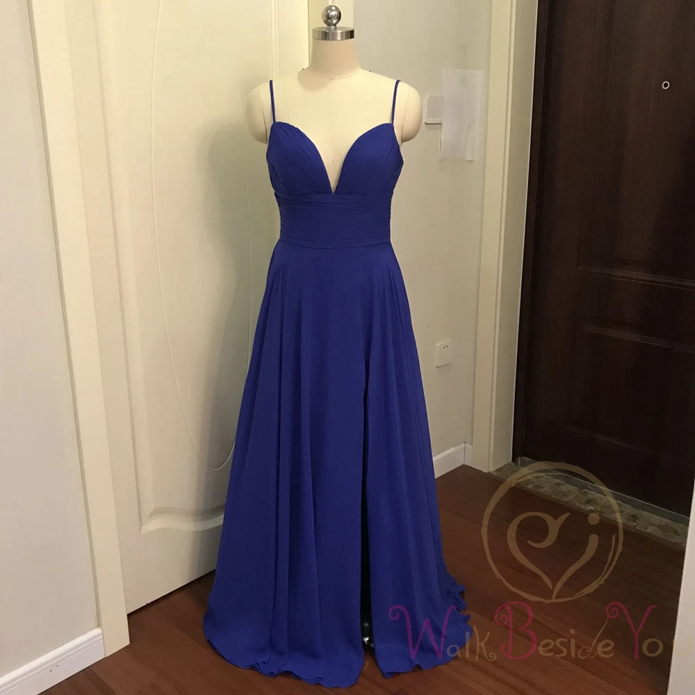Royal Blue Satin Evening Dresses with Deep V Neck, Split Sleeveless Spaghetti Strap for Formal Party Prom Gowns - Long Design image 5
