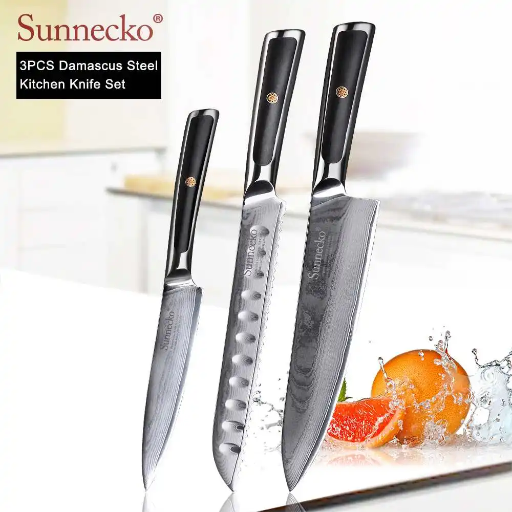 SUNNECKO дамасский нож шеф-повара для очистки хлеба Santoku нож для стейка японский VG10 Сталь G10 ручка для резки мяса набор кухонных ножей - Цвет: 3pcs Set E