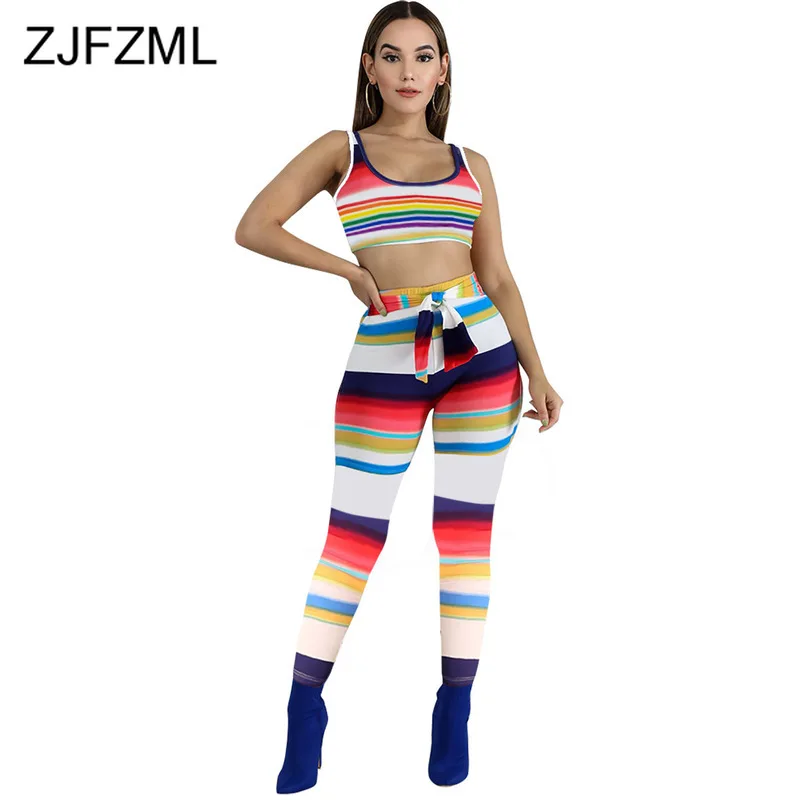 

Rainbow Striped Plus Size 2 Piece Outfit For Women O Neck Sleeveless Crop Top And Bodycon Pant Sweatsuit Two Piece Set Tracksuit