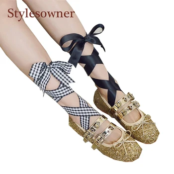

Stylesowner Fashion Spring Summer Flat Ballet Shoe Gold Silver Black Bling Sequins Bowtie Bandage Buckle Belt Single Sapato