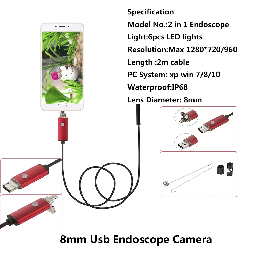 

JCWHCAM 2m Waterproof PC Android Endoscope with 8mm 6LED Lens OTG Micro USB Endoscopy Borescope for PC Android Phone
