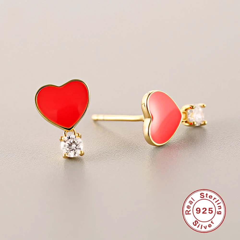 Lovely Red Heart Stud Earrings for Women Gold Color Ear Studs Girl Fashion Jewelry Gifts 925 Sterling Silver Earring C35