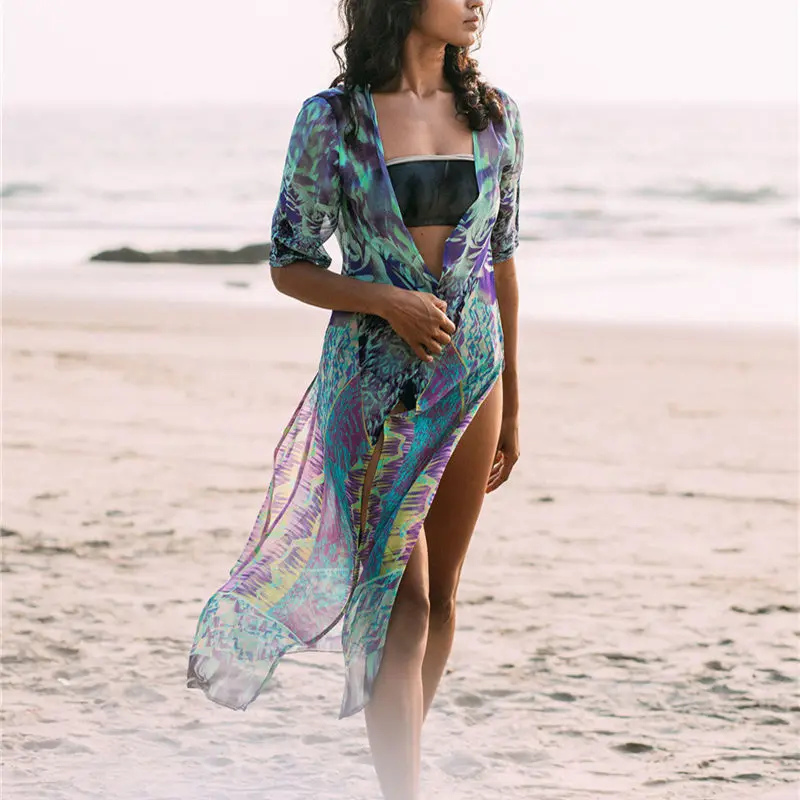 

NAIDEY 2019 Summer Printed Bikini Cover Up Loose Split Beach Cardigan Women Long Chiffon Beachwear Pareo Kaftan Robe de Plage