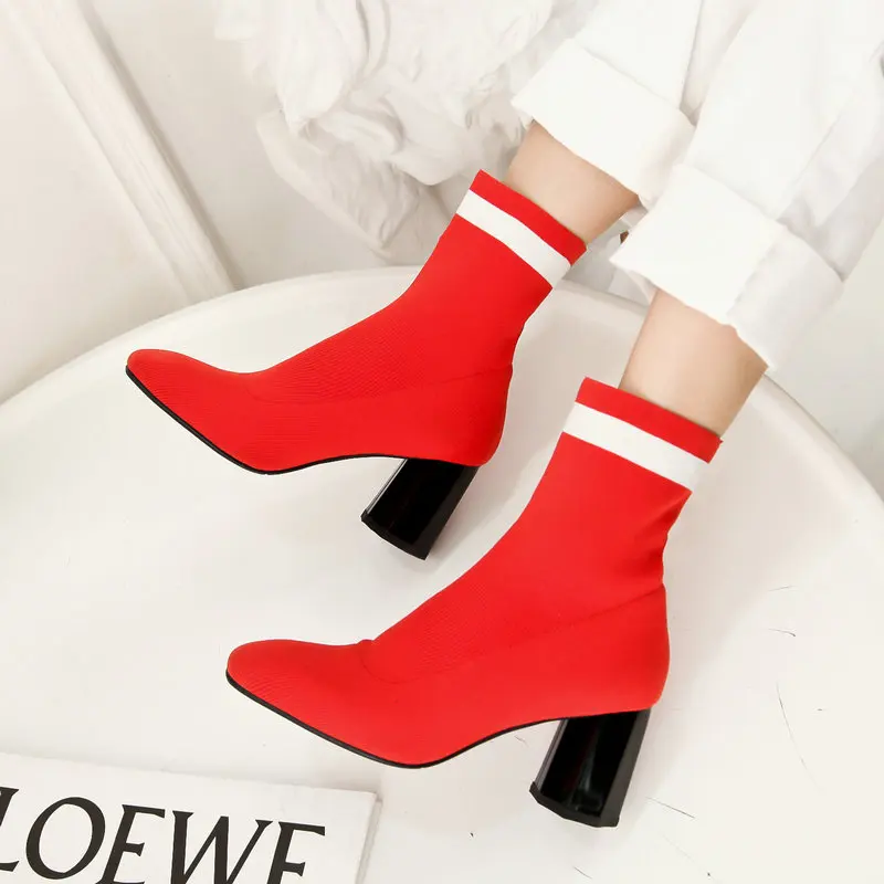 

2019 Fashion Knitting Ankle Boots Women Square High Heels Stretch Boots Stripe Pointed Toe Autumn Winter Short Boots