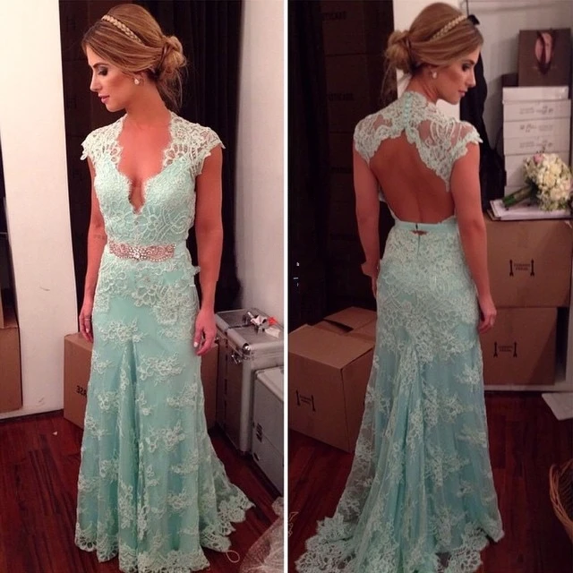 Vestidos de chiffon con escote en V y espalda de encaje Turquesa Tallas Grandes
