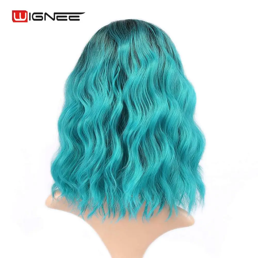 Wignee Ombre Black To Sky Blue Wig Side Part 14 Synthetic Wigs