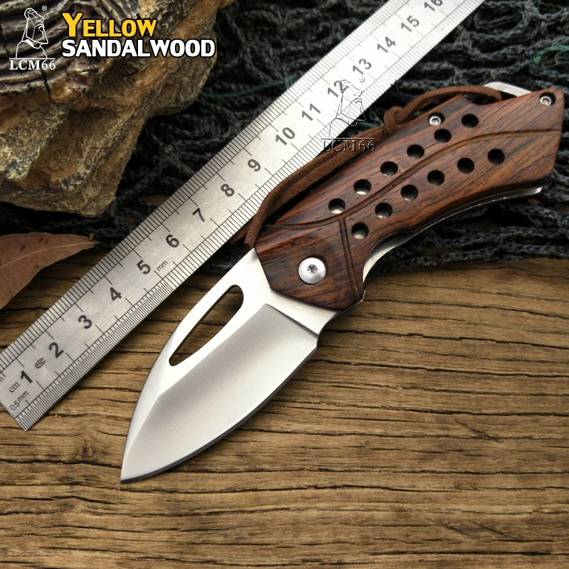 Pаспродажа LCM66 D2 стали складной Ножи, желтый sandalwo ножи выживания, очень sharp мини спасения карманный Ножи, подарок ключ Ножи инструменты