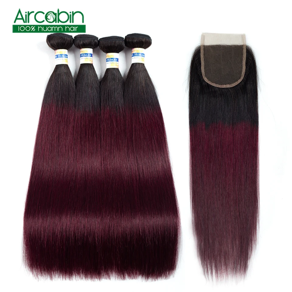 

Straight Hair Bundles with Closure 1B 99J Brazilian Hair Weave Bundles Human Hair Extensions 4 Bundles With Closure Non Remy