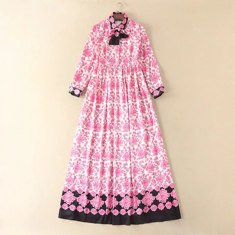 2017 Spring Runway pink flower print dress fashion woman elegant dress Chic long spring dress