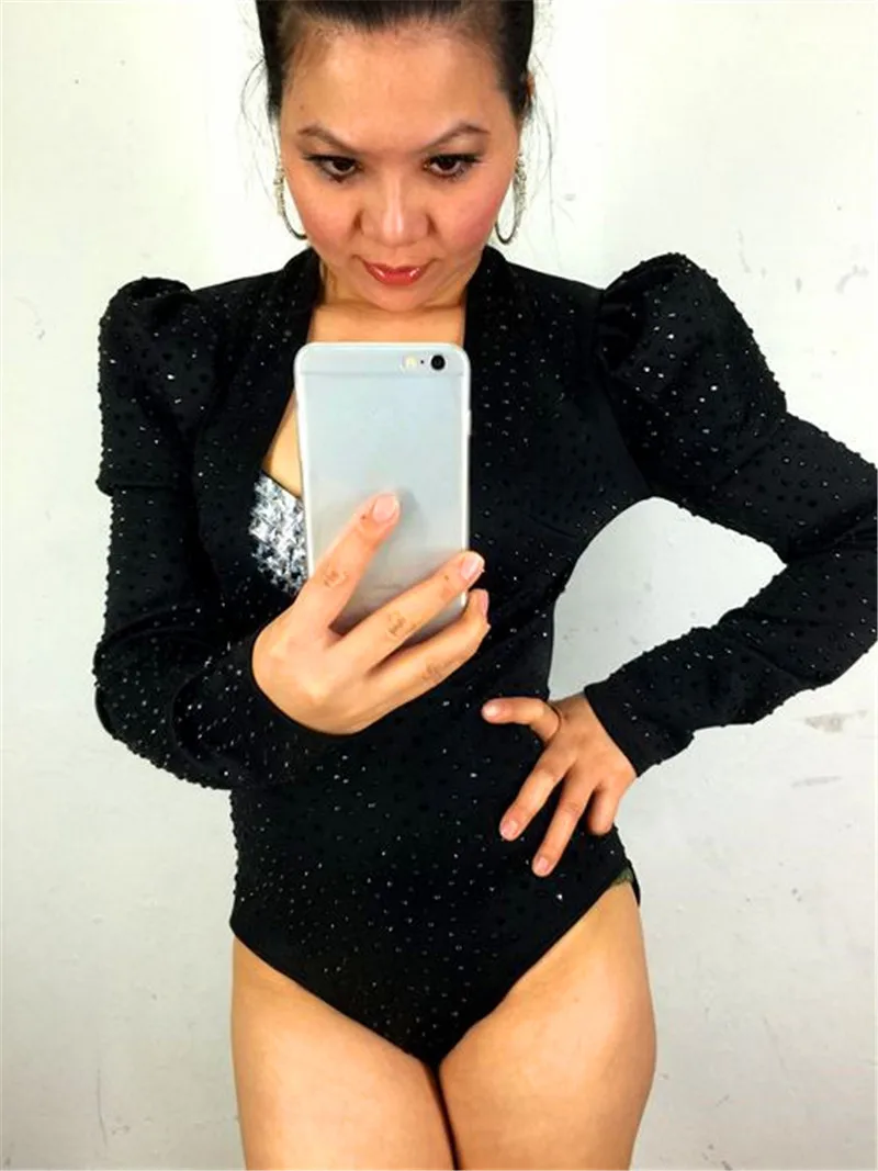 Fashion star small black bubble long-sleeve sexy V-neck one piece costume