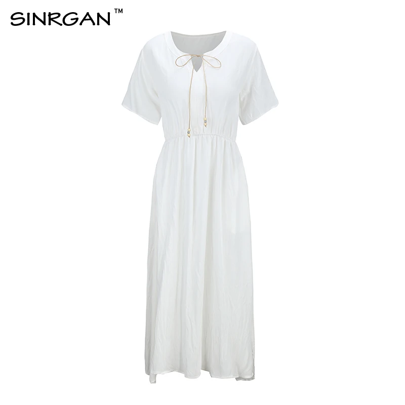 SINRGAN Autumn women solid white Long Dress Short Sleeve o neck long maxi dress Vestidos cotton