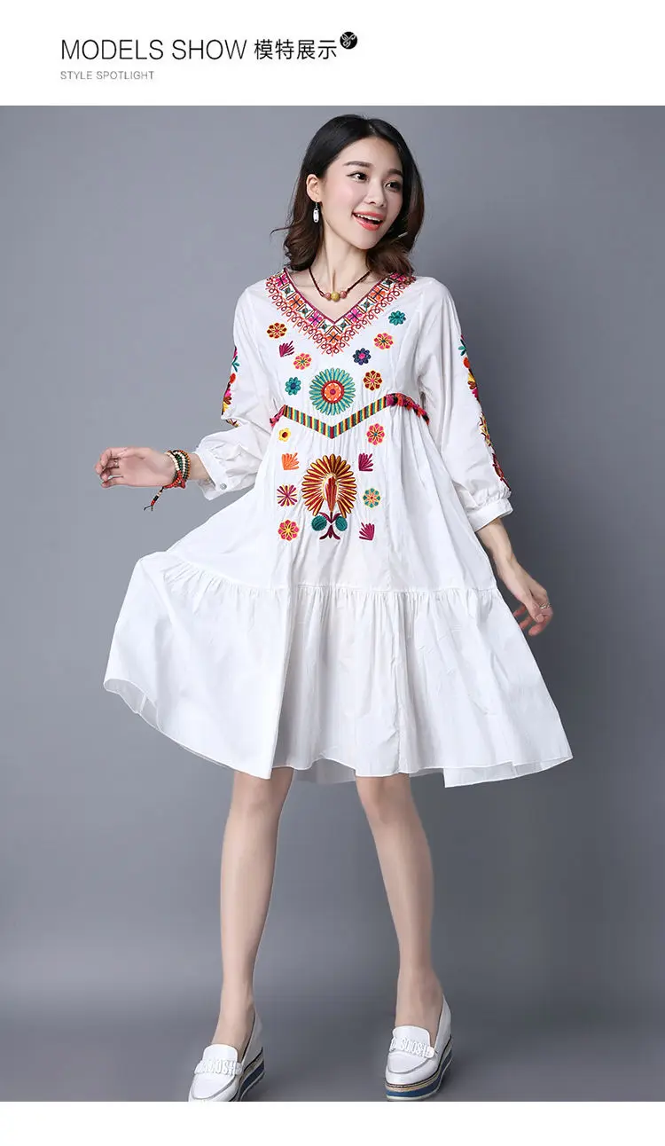 Hot Sale Vintage 70s Mexican Boho Hippie Floral Embroidered Ethnic Loose White Long Chic Women Dress Free Shipping