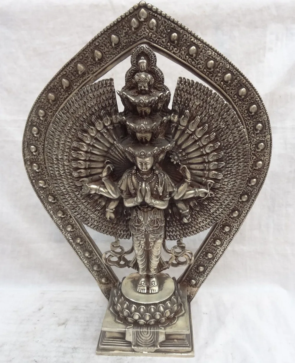 

25" Chinese Silver Budhism Lotus 1000 Arms Avalokiteshvar a Bodhisattva Statue