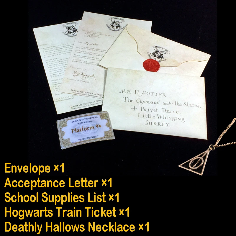 

Harry Hogwart Acceptance Letter with Hogwart Express Train Ticket & Deathly Hallows Necklace