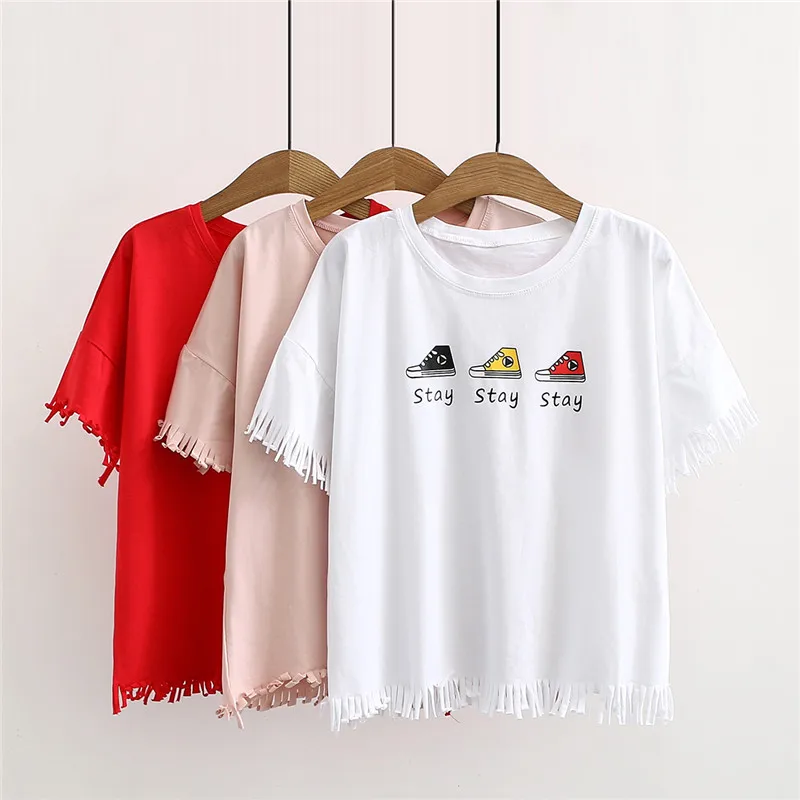 

summer new casual wild round neck T-shirt female, loose short-sleeved tassel letters printed thin T-shirt female