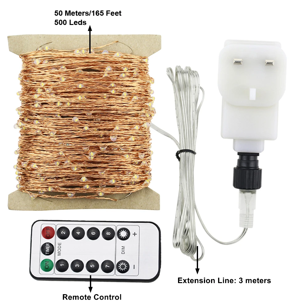 Дистанционный и таймер Dimable светодиодный светильник 300-1000 светодиодный s Звездные огни, 30 м-100 м медный провод Рождественская фея Веревка огни+ ЕС/Великобритания адаптер
