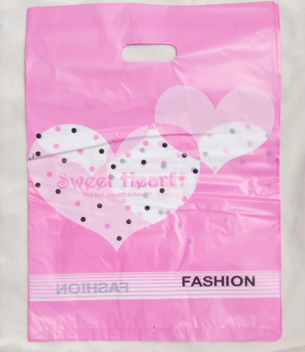

20Pcs/Lot two big sweet heart black point gift bags pink background two face with handle 29*38cm LDPE