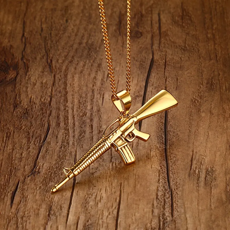 Men Necklaces Gold color AK 47 Assault Gun Rifle Iced Out Pendant