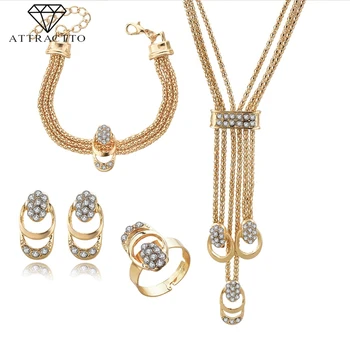 

ATTRACTTO Wedding Tassel Necklace Earrings Ring Bracelet Sets For Bridal Elegant Lady's Jewelry Stainless Steel Set SET190009