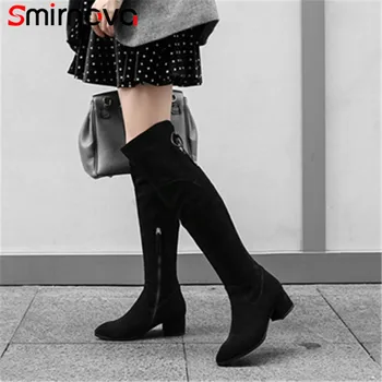 

Smirnova NEW arrive long boots woman 2020 autumn winter thick heels over the knee boots bowtie cow suede leather boots ladies