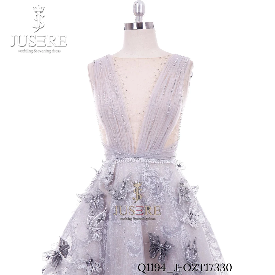 Плиссированное вечернее платье Jusere Haute Couture с V образным вырезом открытой спиной и