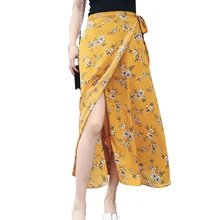 Летняя шифоновая пляжная юбка, черная, желтая, красная, с принтом, эластичная талия, длинные юбки с цветочным рисунком, женские богемные вечерние асимметричные юбки миди