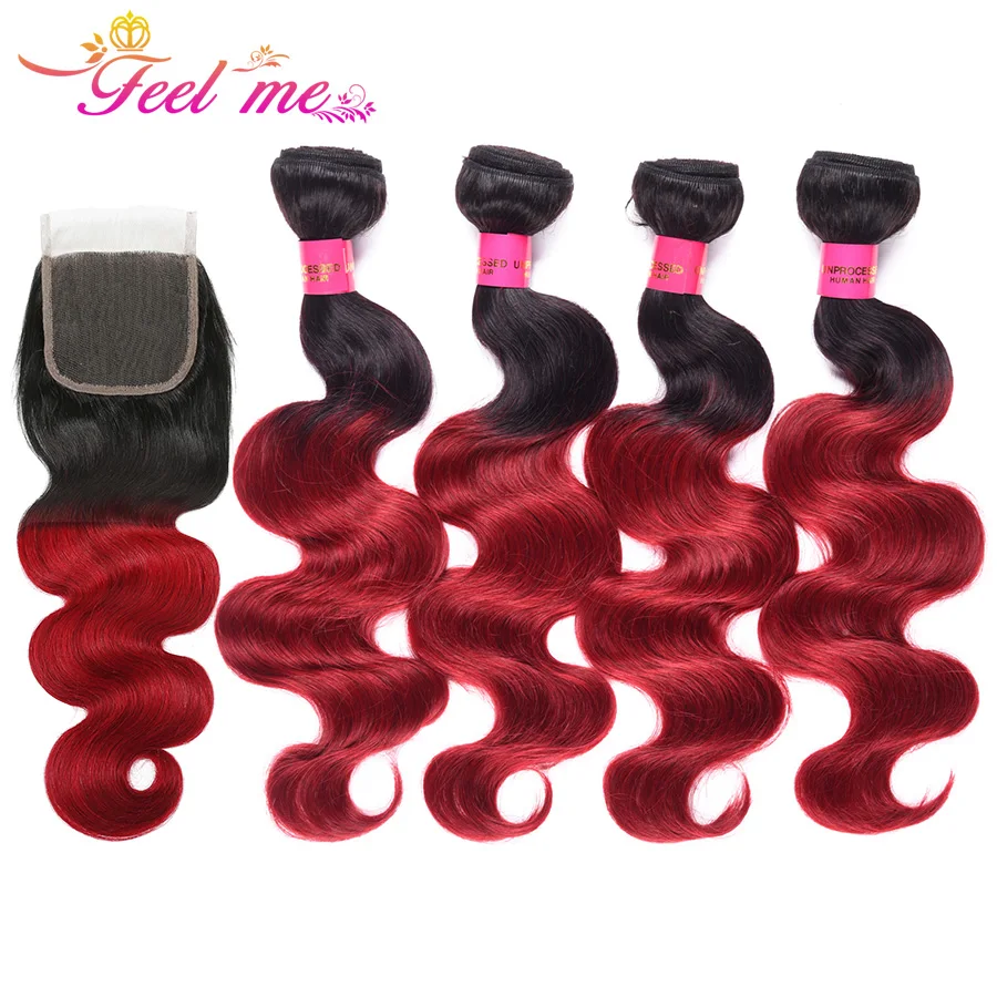 Feel Me Body Wave Brazilian Hair Weave 4 Bundles With Closure Ombre Human Lace 1b/burgundy Non remy | Шиньоны и парики