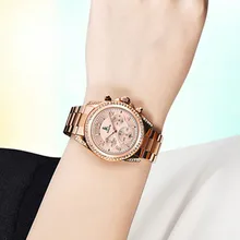 Rose Gold Women Watch Chronograph Sub Dial Full Steel Rhinestone Dress Lady’s Dress Wristwatches New With Gift Box