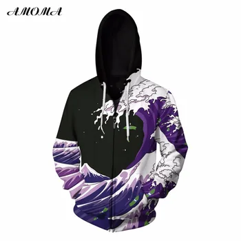 

AMOMA Unisex Realistic 3d Digital Print Pullover Zip Hoodie Sweatshirt Black Wave