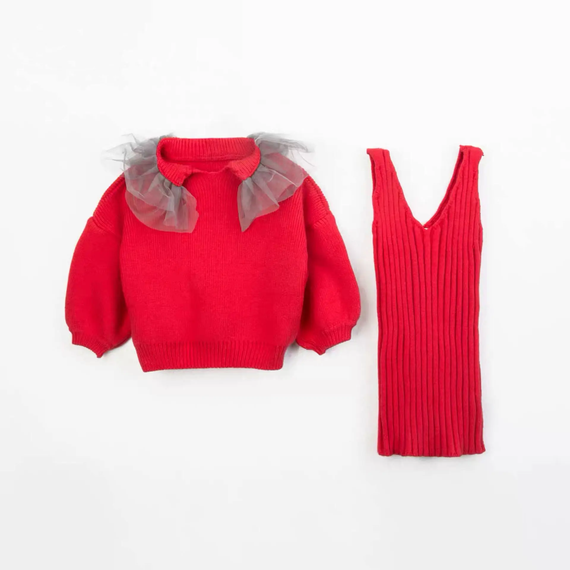 Весенне-осенний Детский свитер+ вязаное платье комплект из 2 предметов для девочек, детский вязаный костюм модная детская одежда сетчатая Горловина для детей от 2 до 7 лет - Цвет: red