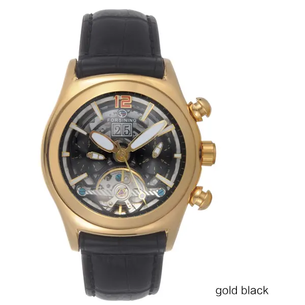 Forsining выпуклая стеклянная стильная Tourbillion 3D дизайнерская Натуральная кожа ремешок мужские часы лучший бренд класса люкс автоматические часы - Цвет: GoldBlack