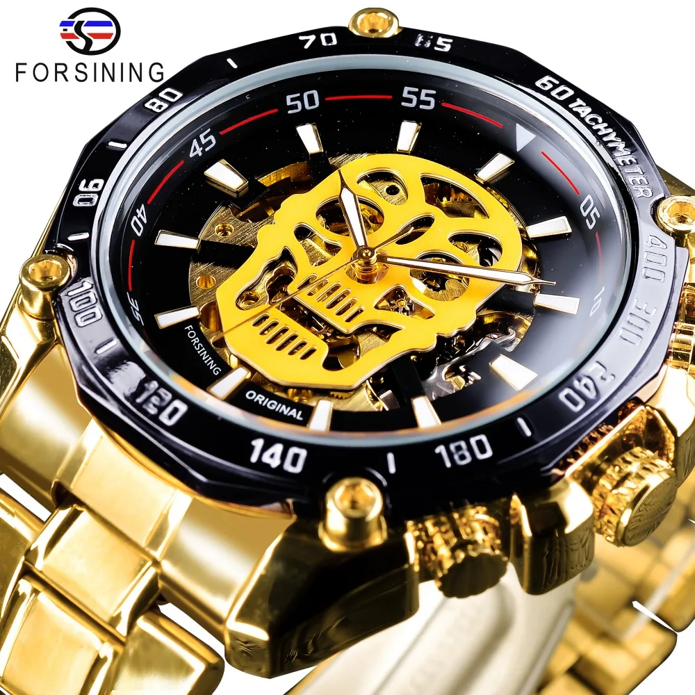 

Forsining 3D Skull Transparent Golden Stainless Steel Luminous Design Mens Automatic Sport Watch Top Brand Luxury Skeleton Clock