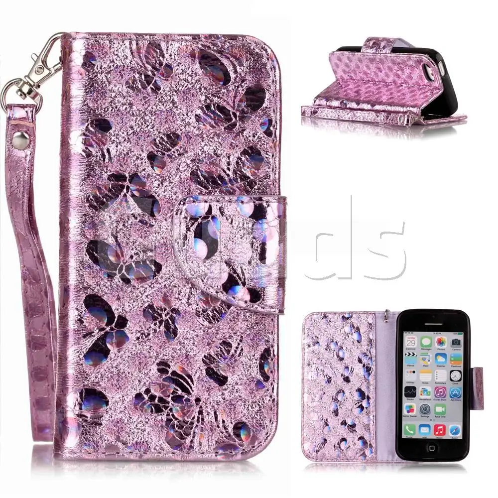 Luxury Laser Butterfly Optical Maser Leather Wallet Case for iPhone 5c - Purple