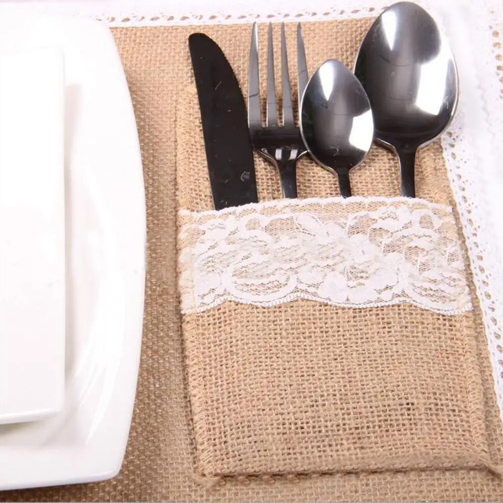 

1PC Linen Lace Cutlery Pouch Rustic Wedding Decoration Party Birthday Tableware Supplies Holder Bag