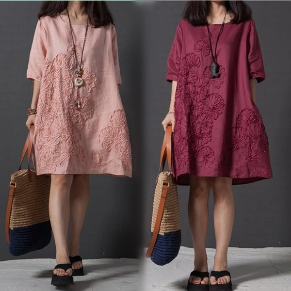 Vestido 2018 летнее китайское Стиль Для женщин с круглым вырезом свободные вышитые